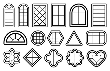 A detailed collection of window shapes including classic, modern, arched, geometric, decorative frames for architecture, home design, and creative illustration projects.
