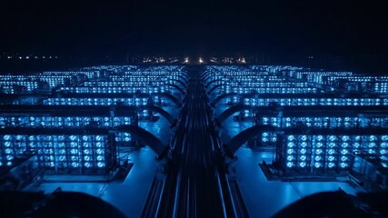 Large data center with blue lights showing servers, technology and network connection. Concept of computing, cryptocurrency, and data processing. - Powered by Adobe