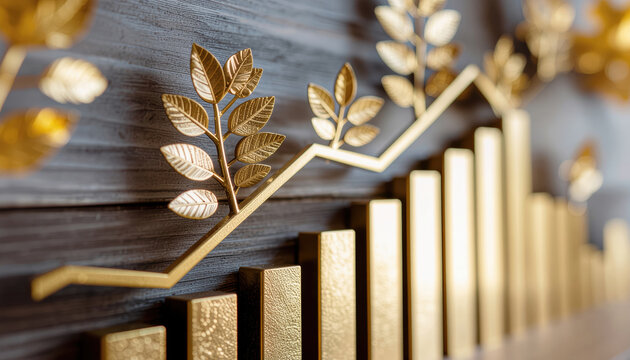 Gold bar chart financial success economic growth wealth concept investment symbol profit increase business finance growing plant golden leaf upward trend metallic texture financial graph stock - Powered by Adobe