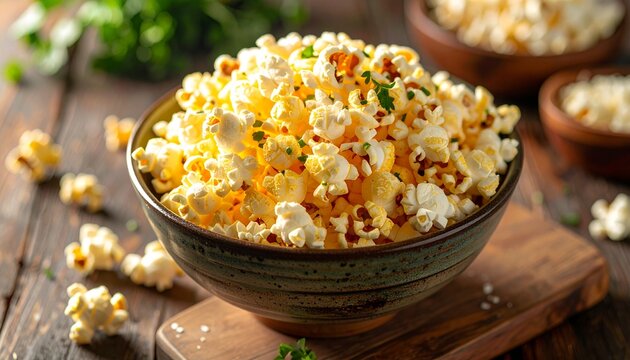 Delicious Gourmet Popcorn Bowl with Butter and Herbs on Wooden Table, Close-up.