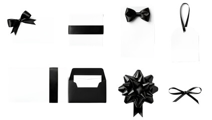 Elegant stationery set including greeting cards, envelopes, gift tags, and decorative silk bows isolated. Luxury wedding and event invitation collection.