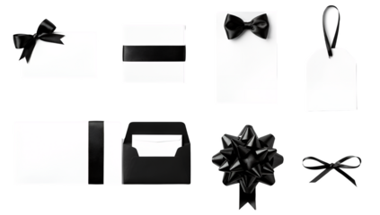 Elegant stationery set including greeting cards, envelopes, gift tags, and decorative silk bows isolated. Luxury wedding and event invitation collection.
