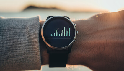 Smartwatch fitness data wrist male hand outdoor mental focus health tracking technology glow graph display sunset shore background