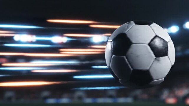 A dynamic shot of a classic black and white soccer ball in motion illuminated by vibrant streaks of light capturing the energy of the sport