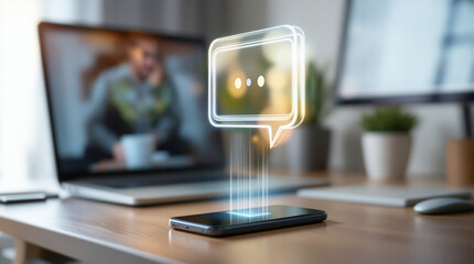 Daily ai chat companion hologram over smartphone wooden desk digital speech bubble mobile phone laptop home office modern workspace remote work freelance technology concept communication online