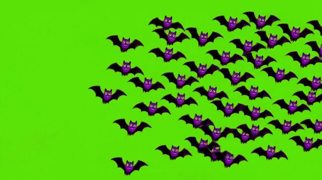 A large swarm of cartoon bats with purple wings and red eyes flying across a bright green screen background.