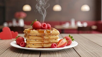 A delicious stack of steaming pancakes with fresh berries and syrup.