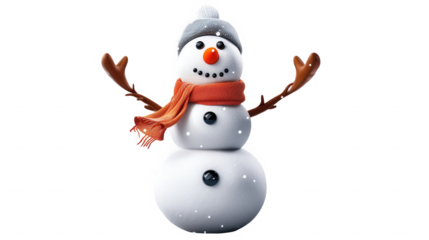 Adorable three ball snowman character wearing a knitted winter hat and bright orange scarf with stick arms on transparent background