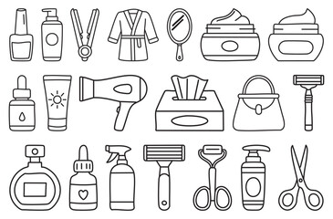 A stylish beauty and self-care icon set featuring cosmetics, skincare, makeup tools, perfume, grooming accessories, and salon elements in clean outline style.