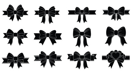 Collection of decorative black ribbon bows in various styles silhouette