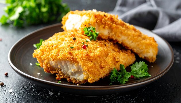 Delicious Crispy Fried Fish Fillets on a Dark Plate with Fresh Herbs, a Culinary Delight.
