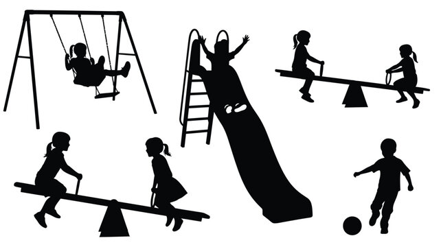 Children playing on playground equipment with a striking black silhouette