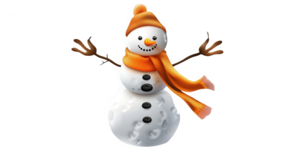 Cute smiling three dimensional snowman character wearing an orange knitted hat and long flowing matching scarf with branch arms on transparent background