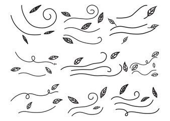 Expressive hand-drawn doodle lines and flying leaves vector elements for illustrating wind, breeze, and autumn themes in nature-inspired graphic design projects.