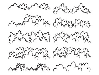 Set of hand-drawn doodle cloud and foliage elements, ideal as versatile vector graphic assets for charming cartoon illustrations, comic book designs, decorative borders and natural landscape backgroud
