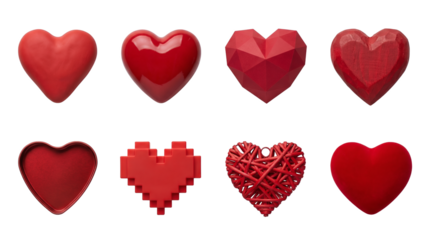 Red heart set including glossy, low poly, carved wood, pixel art, and woven styles isolated. Valentine and romance collection.