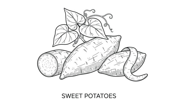 Engraving sweet potatoes with leaves vector illustration on transparent background