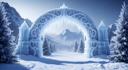 Ice archway in snowy landscape with mountains and trees in winter wonderland scene with frosty gate with ornate and serene and cold and frozen