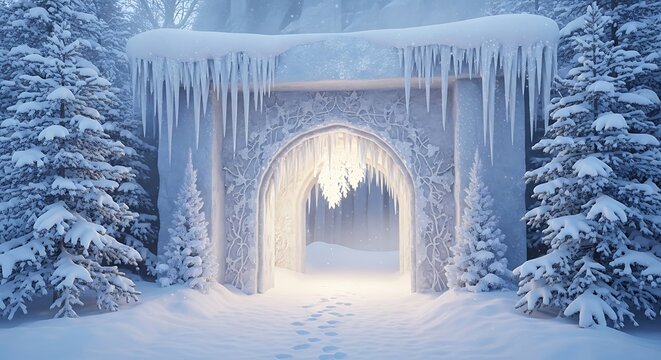 Snowy archway with icicles and pine trees in a serene winter landscape scene with bright light at dusk with frosty and forest and cold and icy - Powered by Adobe