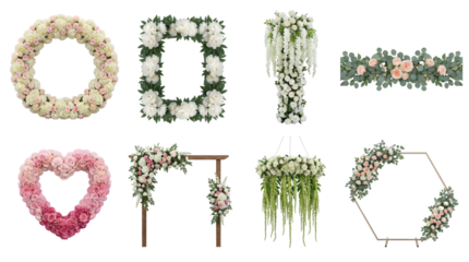Floral wedding decor set including circular wreath, rectangular frame, heart shape, hanging chandelier, and geometric arches isolated. Romantic flower arrangements for ceremony and event styling.