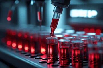 Liquid being pipetted into multiple test tubes in a laboratory setting, showcasing detailed scientific process and vibrant color dynamics