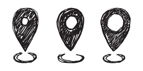 Set of hand drawn map pin Map marker pointer sign GPS and mapping tools Location pin symbol Pinpoint clipart in doodle style Single element for web, design