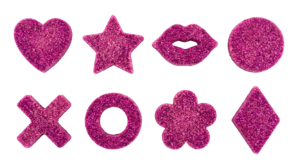 Sparkly purple sugar candy shapes set including heart, star, lips, circle, cross, ring, flower, and diamond isolated. Festive confectionery and sweet treat collection.
