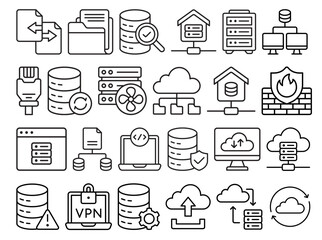 A modern technology icon set featuring servers, cloud storage, data hosting, networking devices, cybersecurity, and database management in clean outline style.