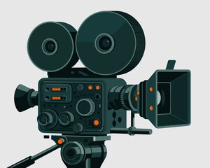 Vintage film movie camera in studio setting filming production equipment vector illustration for cinematography filmmaking retro style content creation video production advertising media projects