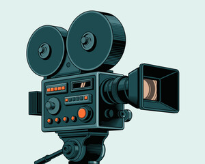 Vintage Film Camera Illustration Classic Movie Camera on Tripod Filming Equipment for Cinematography and Filmmaking Production Retro Style Video Camera for Film Industry Advertising Content Creation a