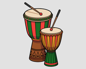 Pair of colorful cartoon djembe drums with drumsticks illustration for cultural music festivals and rhythm background percussion instrument graphic design for african tribal celebration ethnic event p