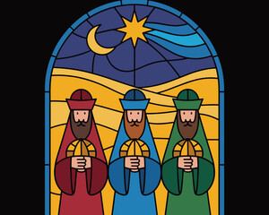 Three Wise Men Illustration Stained Glass Nativity Scene Art Icon Decorative Graphic Design Depicting Magi Bringing Gifts for Jesus Religious Christmas Story for Church Programs Holiday Celebration Co