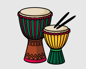 Djembe drums illustration with drumsticks traditional African percussion instrument musical rhythm drumming vibrant colors for music festival poster cultural event flyer or educational resource world