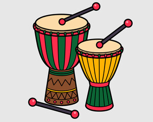 Pair of vibrant hand drums with drumsticks illustration musical instruments percussion drums vector art for educational resources cultural celebration ethnic music festivals creative projects sound an