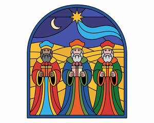 Three Wise Men Stained Glass Illustration of Nativity Scene with Gifts Star and Moon Religious Christmas Story Artwork of Biblical Magi Kings for Holiday Celebration Church Presentation and Christian