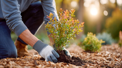 A person in gloves planting autumnal plants in a garden bed with wood chip mulch