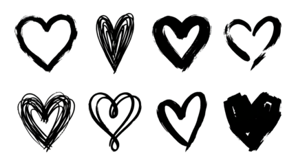 Black hand drawn heart set including scribbled, sketched, and brush stroke variants isolated. Romantic decorative elements and symbol collection.