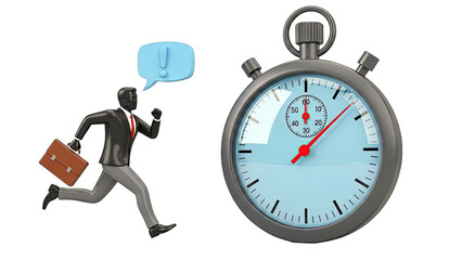 Businessman running against the clock with exclamation bubble