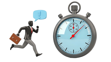 Businessman running against the clock with exclamation bubble