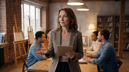Confident female team leader conducting a presentation with a digital tablet during a business meeting in a modern office