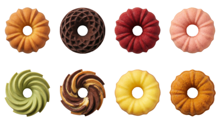 Mini bundt cake set including vanilla, chocolate, strawberry, matcha, and marbled flavors isolated. Assorted small cakes and gourmet dessert collection.