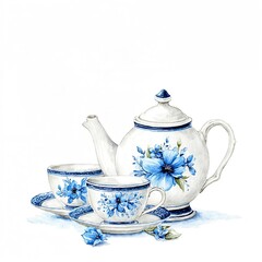 Elegant Blue and White Floral Teapot And Teacup Set In White Porcelain Tableware Artwork For Home Display
