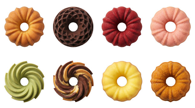 Mini bundt cake set including vanilla, chocolate, strawberry, matcha, and marbled flavors isolated. Assorted small cakes and gourmet dessert collection.