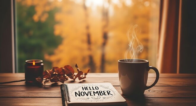 Steaming coffee cup and autumn foliage on a wooden table interior scene