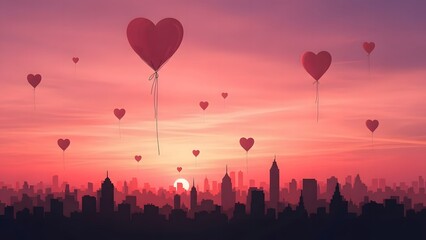 Sunset skyline with heart balloons