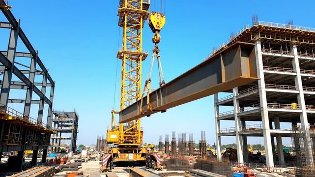 industrial crane at massive construction site lifting heavy load smoothly steel components and mechanical systems clearly visible daylight professional high resolution look
