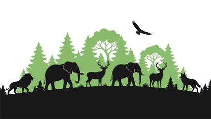 Harmonious wildlife community depicted in stylized silhouette against a vibrant green forest backdrop with diverse animals and a soaring eagle