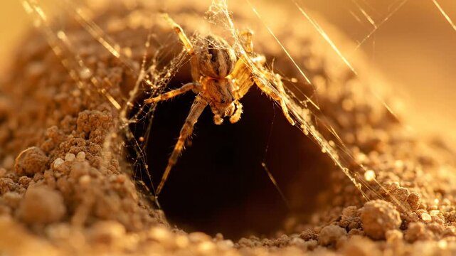 Spider in burrow with cobweb. Ground, nature, arachnid, invertebrate and wildlife.