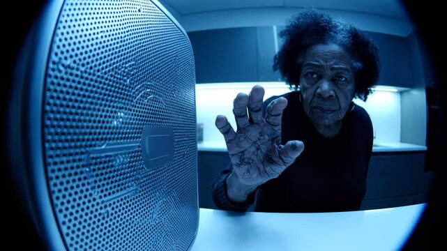 Senior African woman reaches for camera, person at door, modern indoor kitchen, looking through peephole lens, security concept.