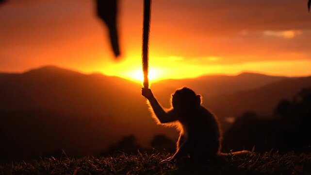 Silhouette of a monkey grasping a rope against a vibrant sunset in the mountains, evocative of wildlife and nature.